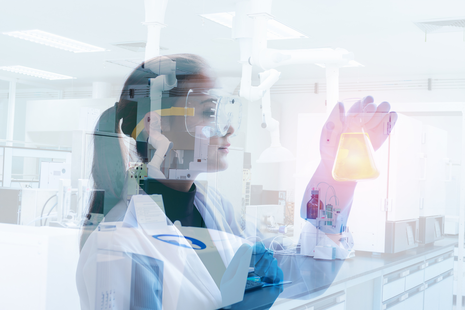 Research scientist in laboratory room., Science, chemistry, technology, biology, Double exposure concept